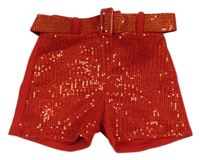 Červené flaušové kraťasy s flitrami a opaskom