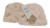 Nové - 2set - 2x růžová čepice - růžová žebrovaná čepice s jablky a mašlí + růžová sametová 