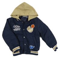 Tmavomodro-béžový šusťákový zateplený bomber s výšivkami a kapucí 