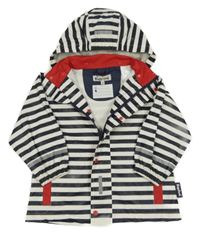 Bílo-tmavomodrá pruhovaná voděodolná jarní bunda s kapucí 