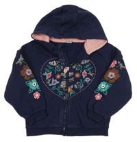 Tmavomodrá prepínaci mikina so srdcem a kvetmi a kapucňou Tu