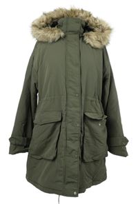 Dámský khaki šusťákový zimní kabát s kapucí Primark 