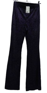 Nové - Dámské černo-fialové třpytivé sametové zvonové kalhoty H&M