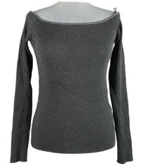 Nové - Dámsky sivý rebrovaný sveter s lodičkovým výstřihem s korálkami H&M