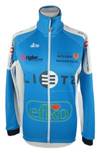 Dámská modro-bílá softshellová cyklistická bunda s nápisy 