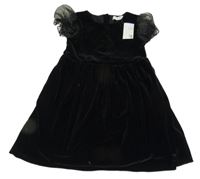 Nové - čierne zamatové šaty s nabíranými rukávy Primark