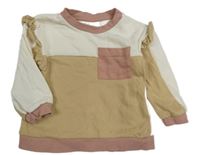 Bielo-béžová mikina s volánikmi a růžovým lemem H&M