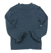 Tmavomodrošedý rebrovaný úpletový rolák s volánikmi Nutmeg