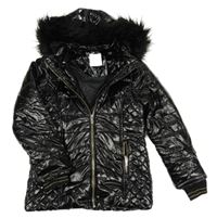 Čierna lesklá prešívaná šušťáková zimná bunda s kapucňou s kožešinou Next