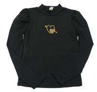 Čierne rebrované tričko so srdiečkami Shein