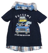 Tmavomodré tričko s autom a košilí C&A