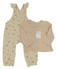 Nové - 2set - Béžové laclové tepláky s kytičkami + perforované triko C&A