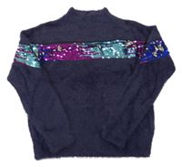 Tmavomodrý chlupatý svetr s flitry Primark