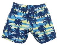Modro-žlté plážové kraťasy s palmami