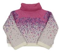 Bielo-ružovo-fialový vzorovaný crop sveter s rolákom Tu