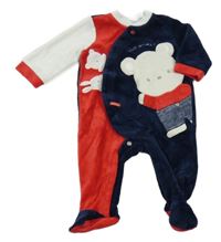 Tmavomodro-červeno-bílý sametový overal s medvídkem Chicco