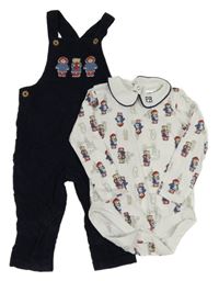 2set - Tmavomodré manšestrové laclové kalhoty s Paddingtonem + bílé body 