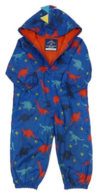 Tmavomodrá šusťáková jarní kombinéza s dinosaury a kapucí George 