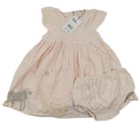 Nové - 2set - Světlerůžové plátěné šaty se zvířátky + kalhotky Mothercare