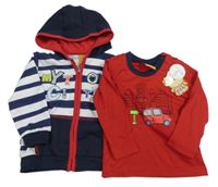 Nové - 2set - Červené triko s autem + Tmavomodro-bílá pruhovaná propínací mikina s nápisem a kapucí 