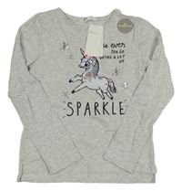 Nové - světlešedé melírované triko s jednorožcem z překlápěcích flitrů H&M