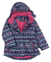 Modro-tmavomodro/růžovo-bílá vzorovaná šusťáková zimní lyžařská parka s odepínací kapucí Kiki&Koko