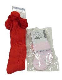 Nové - 2Set - Světlerůžové ponožky s mašličkami NURSERY TIME + červené žebrované vzorované podkolenky s bambulemi Soft Touch