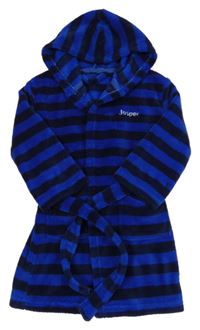 Tmavomodro-safírový pruhovaný plyšový župan s kapucí