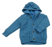 Modrý pletený prepínaci podšitý sveter s kapucňou s uškami lupilu