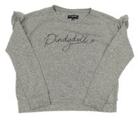 Šedý melírovaný úpletový oversize svetr s logem a volánky Pidydoll