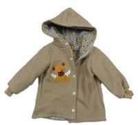 Béžový vlnený podšitý kabát s medvedíkom a kapucňou