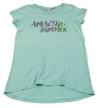 Mátové melírované tričko s nápisy s flitrami alive