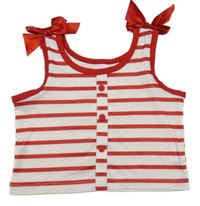 Bielo-červený pruhovaný rebrovaný crop top s gombíkmi a mašľami