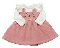 Ružovo-biele teplákovo/fleecové šaty s mačičkou Shein