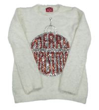 Biely chlpatý sveter s ozdobou z flitrů F&F