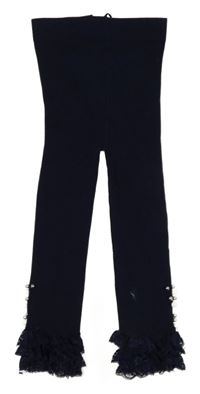 Tmavomodré rebrované pančuskové legíny s perlami a čipkou