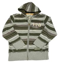 Šedo-khaki-vínová pruhovaná propínací mikina s nápisem a kapucí C&A