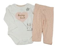 Nové - 2set - Bílé body se srdcem a králíkem + růžové legíny se srdíčky F&F