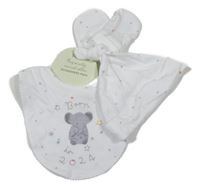Nové - 3set - Bílá bavlněná čepice s hvězdami + slinták se slonem + rukavičky M&S