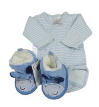 2 set - Modro-bílé pruhované zavinovací body + modré plyšové capáčky 