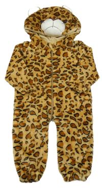 Kostým - béžovo-hnědá chlupatá vzorovaná kombinéza s kapucí - leopard 