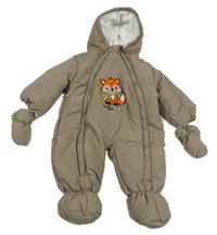 Hnědá šusťáková zimní kombinéza s liškou a kapucí + rukavice 