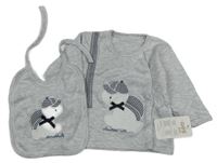 Nové - 2 set - šedé melírované propínací triko + bryndák s obrázkem 