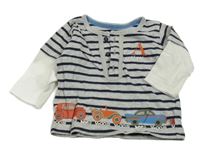 Šedo-tmavomodré pruhované triko s bílými rukávy a auty M&S