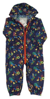 Nové - tmavomodro-barevná šusťáková nepromokavá kombinéza s traktory a kapucí Mothercare