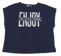 Tmavomodré crop tričko s nápisem 