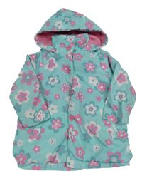 Světlemodro-růžová květovaná šusťáková jarní bunda s kapucí E-Vie