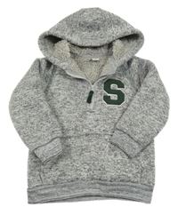 Šedá melírovaná pletená zateplená mikina s písmenem a kapucí Tu