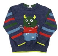 Tmavomodro-farebný melírovaný sveter s príšerkou a pruhmi M&Co.