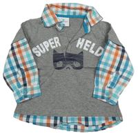 Šedo-bílo-barevné polo triko s košilovými kostkovanými prvky a nápisem Topomini